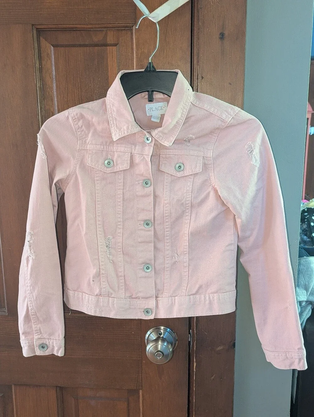 LIKE NEW Soft Pink Distressed Jean Jacket 10 12